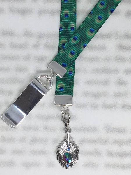 Peacock Feather Bookmark / Exquisite Swarovski Crystal Unique Gift -Attach clip to book cover then mark page with ribbon & charm picture