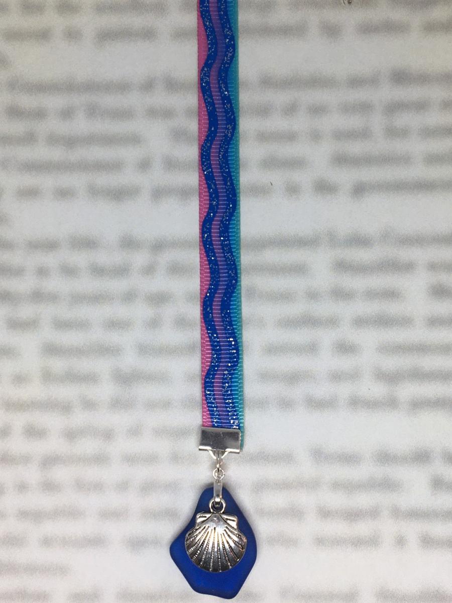Seashell bookmark,  Sea Glass bookmark, Clam Shell, Beach Bookmark -Clips to book cover then mark page with ribbon. Never lose your bookmark picture