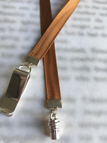 Coffee bookmark / Coffee Lover bookmark  - Attach clip to book cover then mark the page with the ribbon. Never lose your bookmark! picture