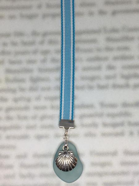 Seashell bookmark,  Sea Glass bookmark, Clam Shell, Beach Bookmark -Clips to book cover then mark page with ribbon. Never lose your bookmark picture