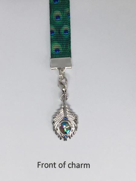 Peacock Feather Bookmark / Exquisite Swarovski Crystal Unique Gift -Attach clip to book cover then mark page with ribbon & charm picture