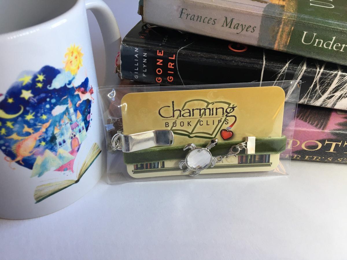 Turtle Bookmark / Exquisite Swarovski Crystal Unique Gift /Tortoise Bookmark- Attach clip to book cover then mark page with ribbon & charm picture