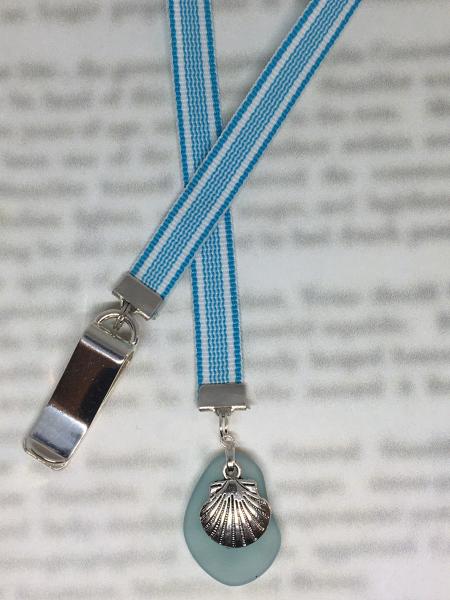 Seashell bookmark,  Sea Glass bookmark, Clam Shell, Beach Bookmark -Clips to book cover then mark page with ribbon. Never lose your bookmark picture