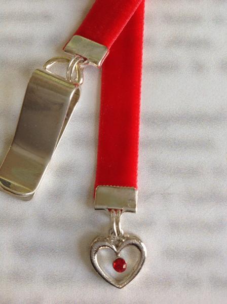 Red Crystal Heart bookmark / Love Bookmark  Attach clip to book cover then mark page with ribbon. Never lose your bookmark! picture