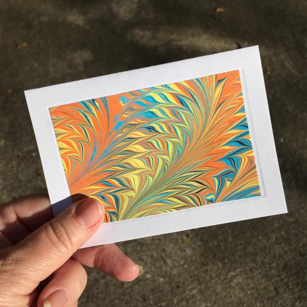 Blank card with marbled paper, Feathers picture