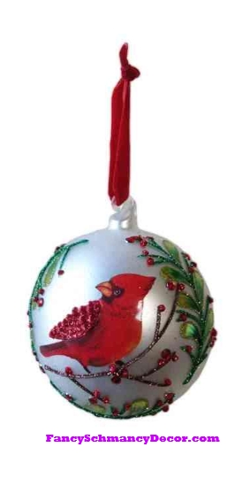 Glass Cardinal White Red Ornament by D. Stevens