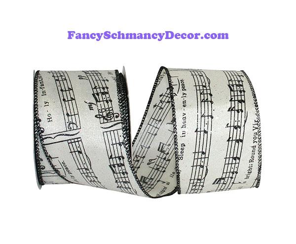 2.5" x 10 yds Ivory Black Frosted Musical Notes Wired Edge Ribbon