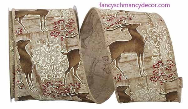 2.5" x 10 yds Deer Filigree Natural Wired Edge Ribbon picture