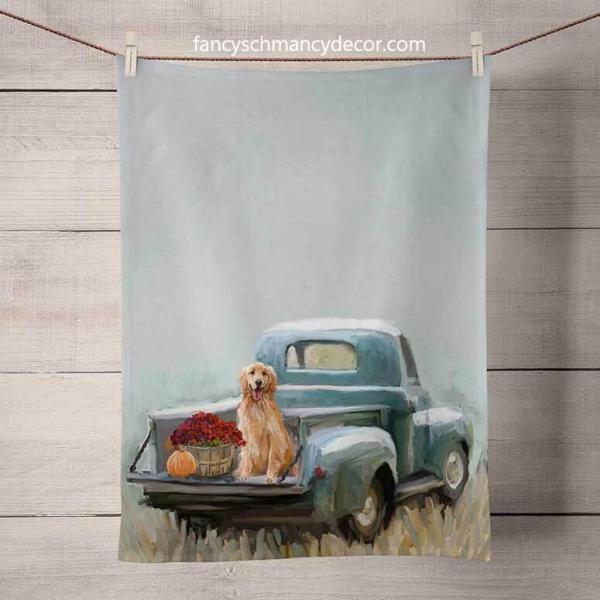 Fall - Golden Pup In Truck Tea Towel picture