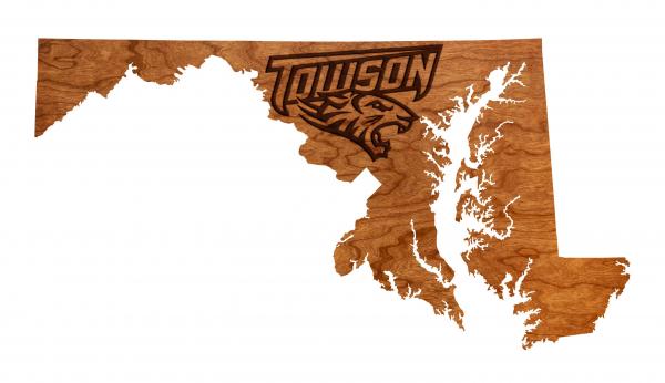 Towson - Wall Hanging - State Map - "Towson" Text with Tiger picture