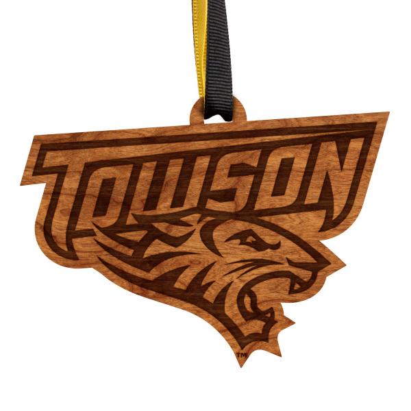 Towson - Ornament - Logo - "Towson" Text with Tiger - Black and Yellow Ribbon
