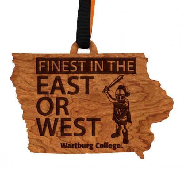 Wartburg College - Ornament - State Map with Knight Mascot - Cherry Wood - Orange and Black Ribbon