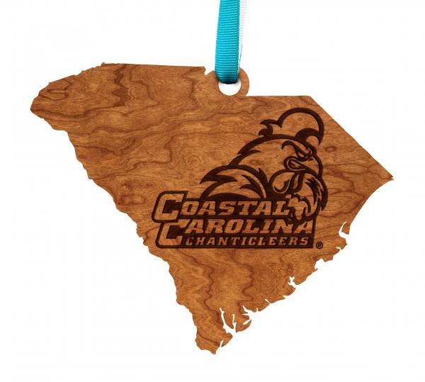 Coastal Carolina - Ornament - State Map with Rooster -Turquoise and White Ribbon