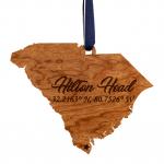 Ornament - SC State Map with "Hilton Head" and Coordinates - Cherry - Navy Blue and White Ribbon