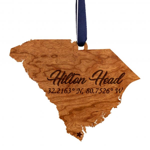 Ornament - SC State Map with "Hilton Head" and Coordinates - Cherry - Navy Blue and White Ribbon