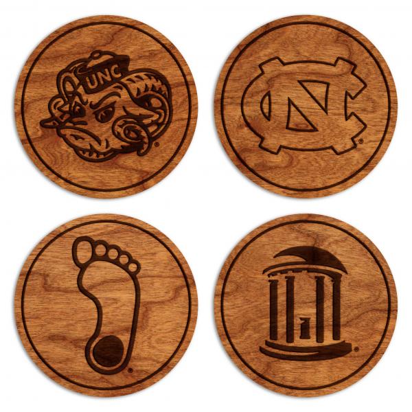 UNC Chapel Hill - Coasters - Variety Pack (Ram's Head, NC Logo, Foot, Old Well) - Maple - (4-Pack) picture