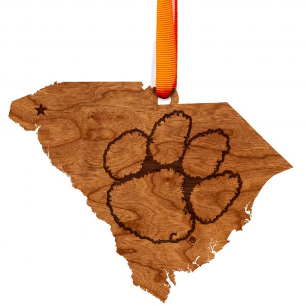 Clemson - Ornament - State Map with Tiger Paw Wireframe