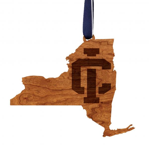 Ithaca College - Ornament - State Map with IC Logo - Navy Blue and White Ribbon