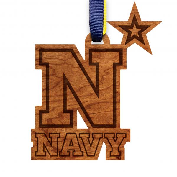 United States Naval Academy - Ornament - Logo Cutout - Naval Academy Block N - Navy Blue and Vegas Gold Ribbon