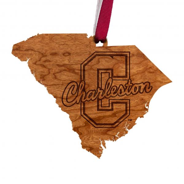 College of Charleston - Ornament - State Map with Block "C" - Maroon and White Ribbon