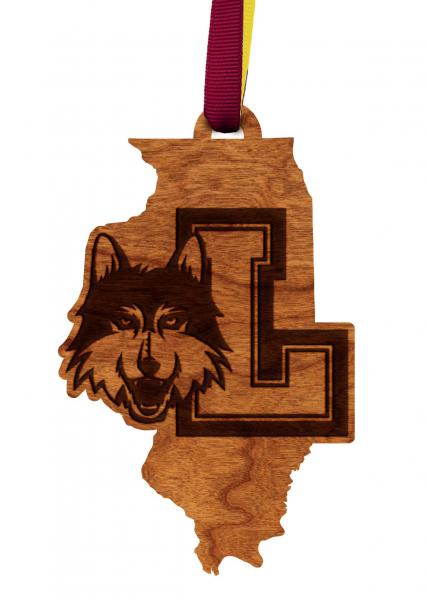 Loyola Chicago - Ornament - State Map with Block "L" with Mascot Logo