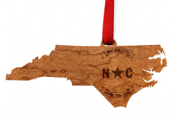 Ornament - State Map with NC Flag Seal - Cherry