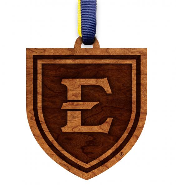 East Tennessee State University - Ornament - Logo Cutout - ETSU E with Shield - Navy Blue and Gold Ribbons