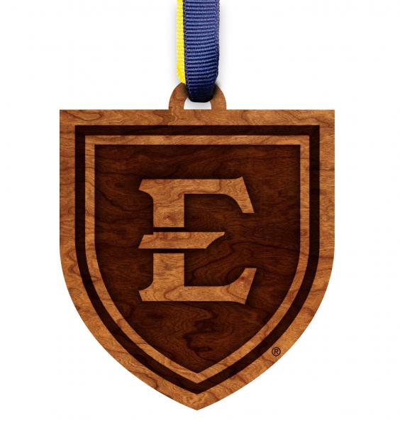 East Tennessee State University - Ornament - Logo Cutout - ETSU E with Shield - Navy Blue and Gold Ribbons picture