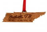 Ornament - TN State Map with "Nashville" and Coordinates - Cherry - Red and White Ribbon