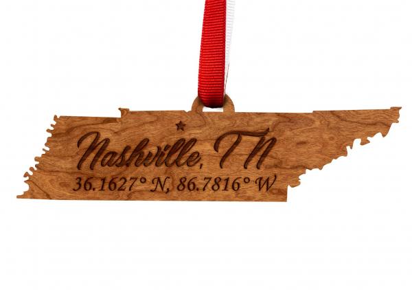 Ornament - TN State Map with "Nashville" and Coordinates - Cherry - Red and White Ribbon