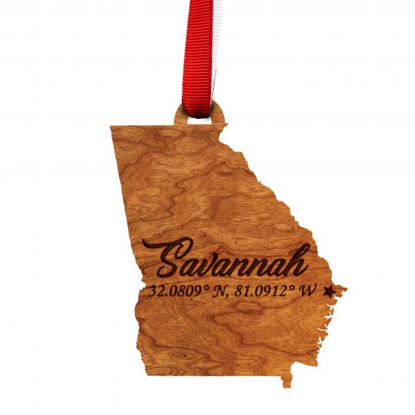 Ornament - State Map with "Savannah" and Coordinates - Cherry - Red and White Ribbon