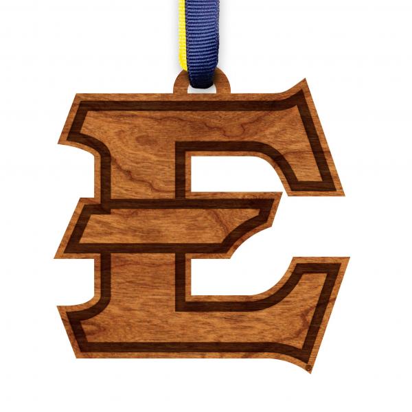 East Tennessee State University - Ornament - Logo Cutout - ETSU "E" Logo Cutout (NO SHIELD) - Navy Blue and Gold Ribbons