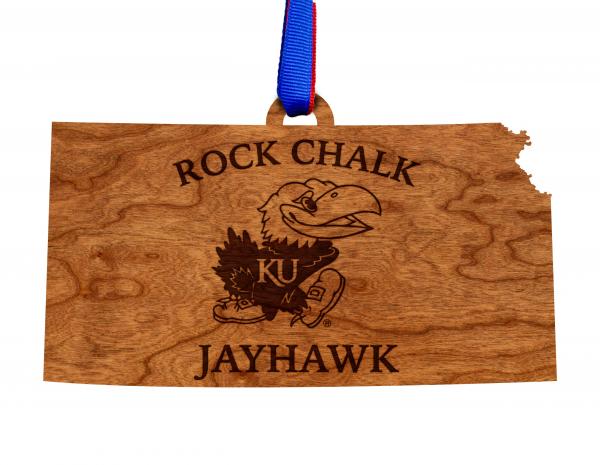 University of Kansas - Ornament - State Map with Rock Chalk Jayhawk - Cherry