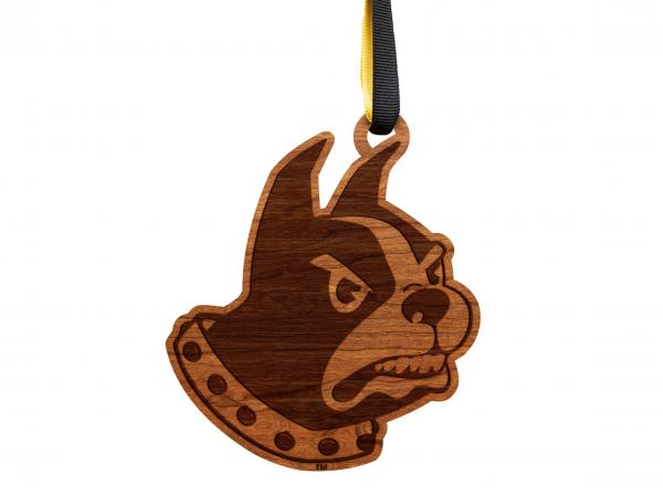 Wofford College - Ornament - Logo - Terrier Head Cutout - Black and Vegas Gold (Satin) Ribbon picture