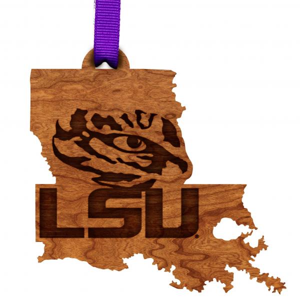 LSU - Ornament - State Map with Tiger Eye over LSU
