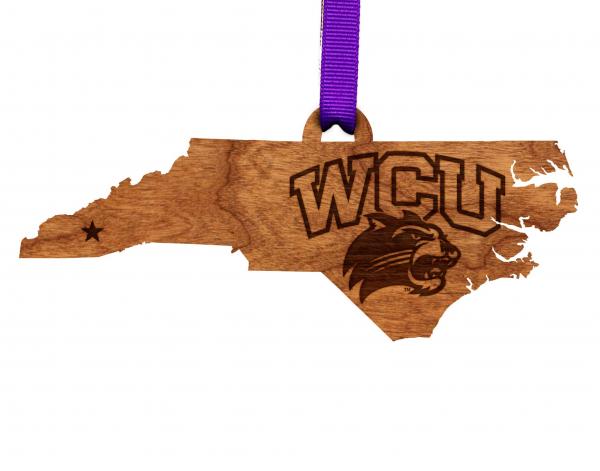 Western Carolina University - Ornament - State Map - WCU Logo Purple and White Ribbon
