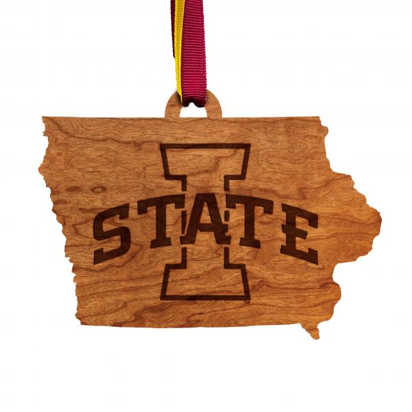Iowa State University - Ornament - State Map with Block I and "State" Text