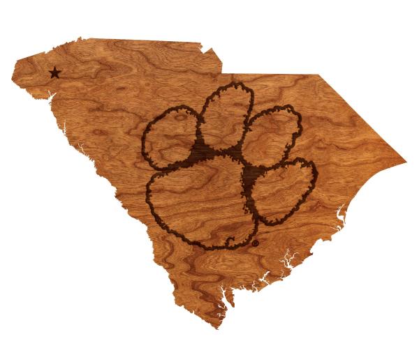 Clemson - Wall Hanging - State Map - Tiger Paw Wireframe