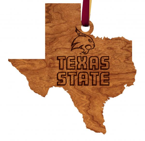 Texas State University - Ornament - State Map - Wildcat with "Texas State" picture