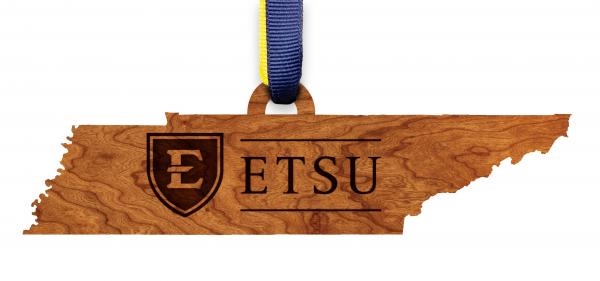 East Tennessee State University - Ornament - State Map with ETSU and Shield - Navy Blue and Gold Ribbons