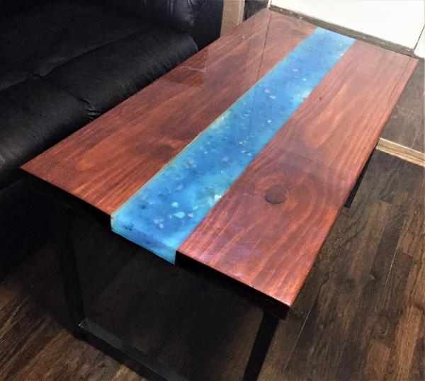 LED Blue River Quartz Crystals Resin Coffee Table - Steel Base picture