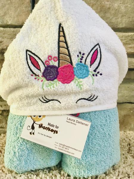 Unicorn Hooded Towel-teal with black horn.