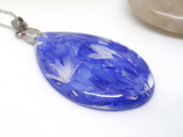 Blue Cornflower petals in teardrop resin necklace picture