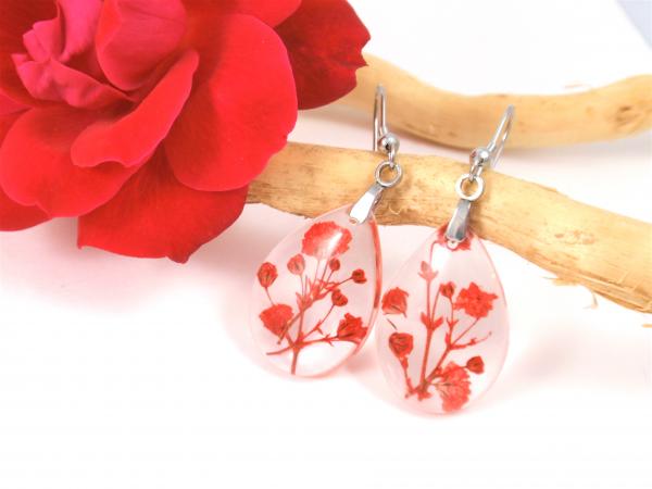 Botanical Resin Earrings with Real Flowers Red Babys breath picture