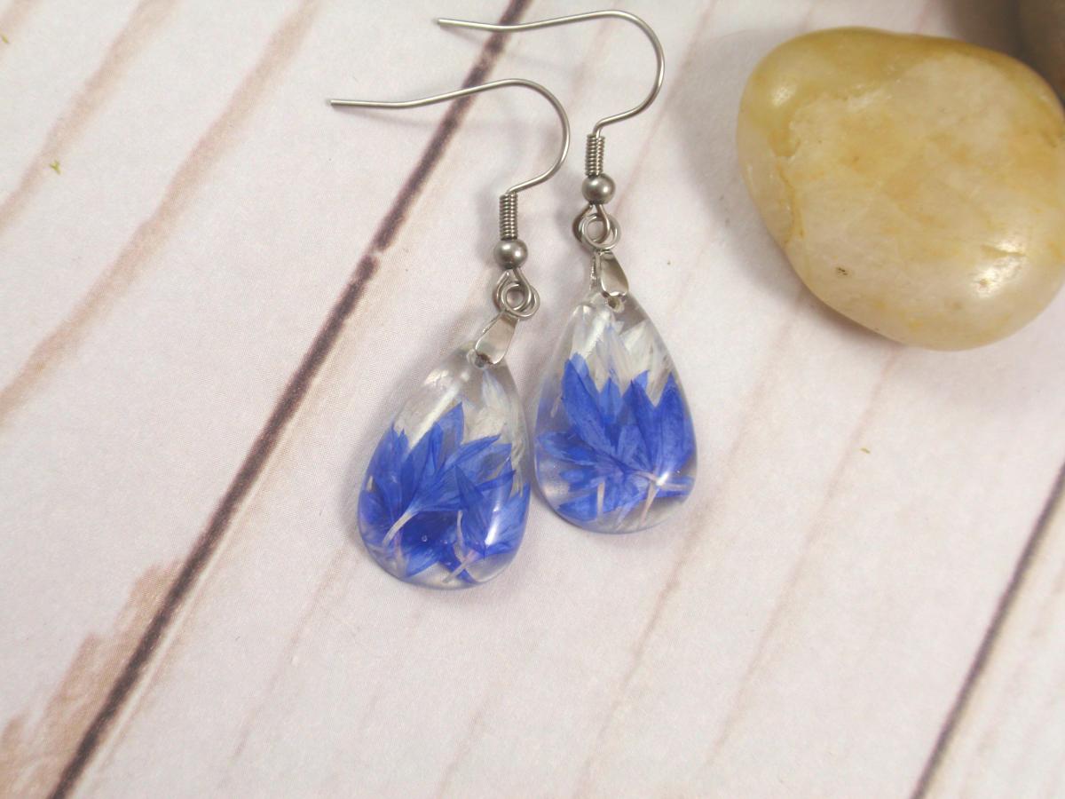 Blue Cornflower dangle pressed flower earrings picture