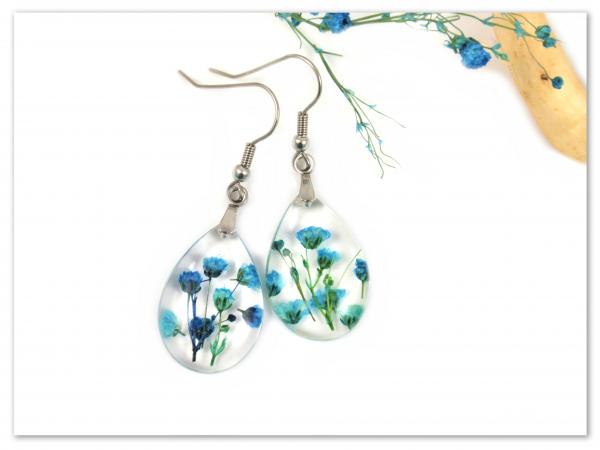 Botanical Resin Earrings with Real Flowers Blue Babys breath
