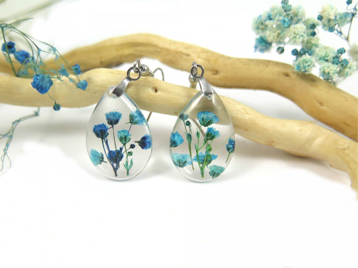 Botanical Resin Earrings with Real Flowers Blue Babys breath picture