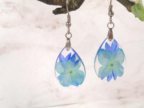 Hydrangea flower and cornflower petals blue natural earrings picture