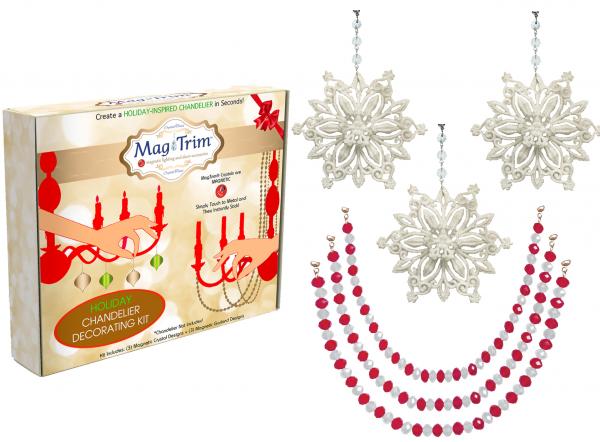 HOLIDAY CHANDELIER MAKEOVER KIT - (3) Glitter White Snowflake + (3) 12" Red/White Crystal Garland picture