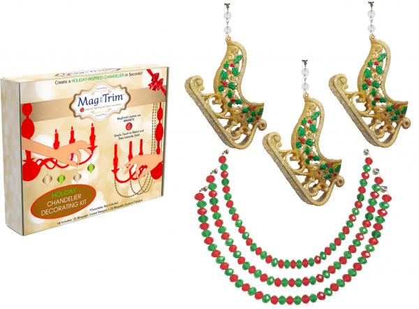 HOLIDAY CHANDELIER MAKEOVER KIT - (3) Gold Glitter Sleigh + (3) 12" Red/Green Garland